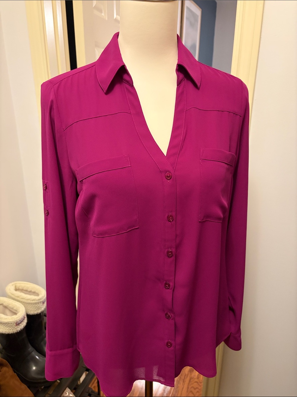 Express Women's Magenta Button-Front Blouse The Portofino Shirt (Used gently)